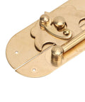 Close-up of sturdy brass latch hasp for jewelry box and cabinet, old school retro decorative buckle lock, includes five screws