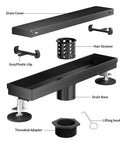 12 Inch Black Linear Shower Drain Crafted From Premium 304 Stainless Steel Featuring Adjustable Leveling Feet And Sturdy Hair Strainer components layout.