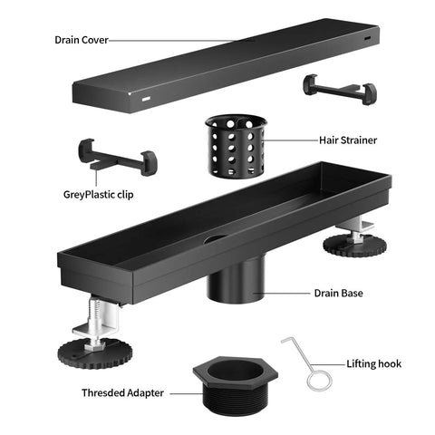 12 Inch Black Linear Shower Drain Crafted From Premium 304 Stainless Steel Featuring Adjustable Leveling Feet And Sturdy Hair Strainer components layout.