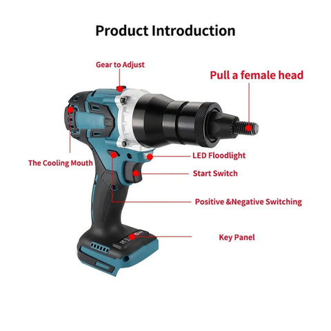 High Power Brushless Electric Rivet Nut Gun Kit with Automatic Riveter Heads showing labeled parts and features