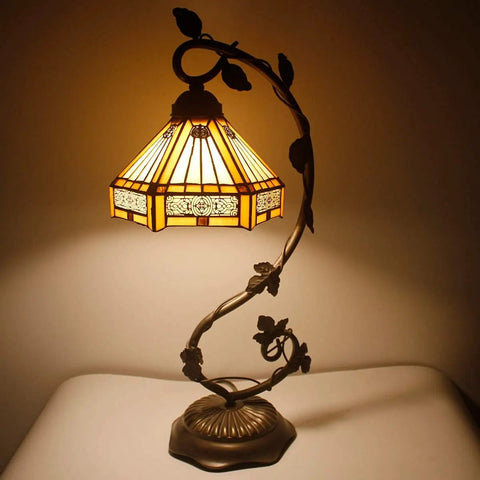 Tiffany Style Stained Glass Table Lamp With Yellow Hexagon Shade, 8 Inch Lampshade, 21 Inch Tall, Bronze Resin Base, UL Listed