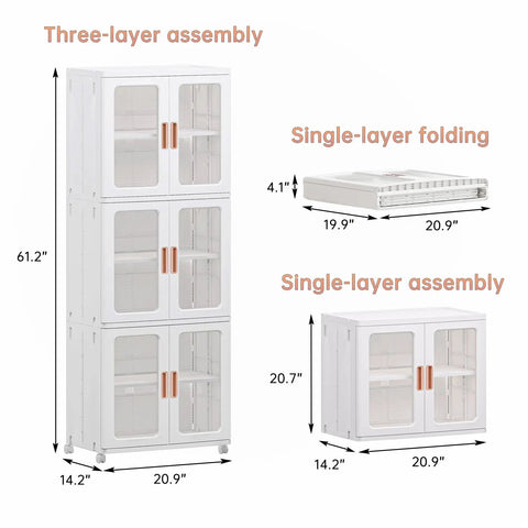 Three Tier Foldable Storage Cabinet On Wheels With Lids And Doors, Plastic Stackable Pantry Cupboard measures and views