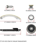 Components of Timing Chain Kit Water Pump With VCT Solenoid Actuator Gear for 2.4L GM Engines 2009-2017 laid out with measurements