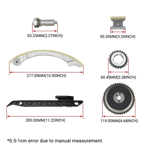 Components of Timing Chain Kit Water Pump With VCT Solenoid Actuator Gear for 2.4L GM Engines 2009-2017 laid out with measurements