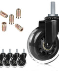 Ace Three Inch Office Chair Casters Crafted Tough With Swivel Design And 5 16 18 Unc Thread Stems shown in black with metallic screws.
