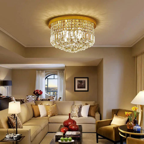 Modern K9 Crystal Raindrop Chandelier Ceiling Light With Brass Canopy, 9 Light Flush Mount For Dining Room Living Room Bedroom Bathroom