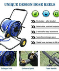Heavy Duty Garden Hose Reel Cart With Smooth Rolling Wheels, Ergonomic Design Helps You Wind Pipes No Sweat, Spacious Storage Trolley Keeps Outdoor Gear Neat, Reliable Buddy For Weekly Lawn Grind with blue hose, wheels and steel frame.