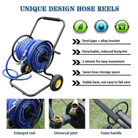 Heavy Duty Garden Hose Reel Cart With Smooth Rolling Wheels, Ergonomic Design Helps You Wind Pipes No Sweat, Spacious Storage Trolley Keeps Outdoor Gear Neat, Reliable Buddy For Weekly Lawn Grind with blue hose, wheels and steel frame.