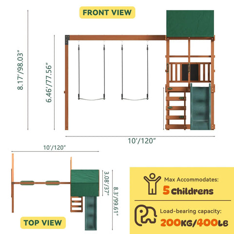 Front and top view of Tough As Nails Wood Backyard Swing Set With Wave Slide, Rock Wall, Belt Swings, Play Deck, Chalkboard, Canopy Roof