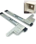 Kickass Hidden Drawer Slides For Slick Full Extension Space Saving Folding Track Setup On Wardrobes And TV Cabinets Featuring Rock Solid Heavy Duty Metal Hardware And Hella Smooth Glide, silver metal tracks with mounting brackets.