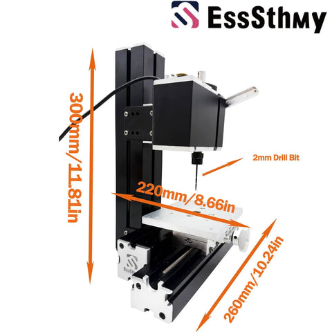 EssSthmy 36W All-Metal Mini Drill Press Lathe With 20000 RPM High Precision For Wood, Soft Metal, And Plastic, showcasing 2mm drill bit and dimensions.