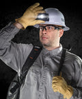 Worker with gloves adjusts Intrinsically Safe LED IP67 Headlamp for Hazardous Areas Attaches to Hard Hats and Safety Helmets