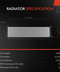 Radiator specifications diagram showing core dimensions for Straight Swap Direct Fit Engine Coolant Radiator Assembly For Tesla Model S 2012 Through 2015.