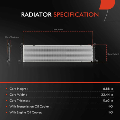 Radiator specifications diagram showing core dimensions for Straight Swap Direct Fit Engine Coolant Radiator Assembly For Tesla Model S 2012 Through 2015.