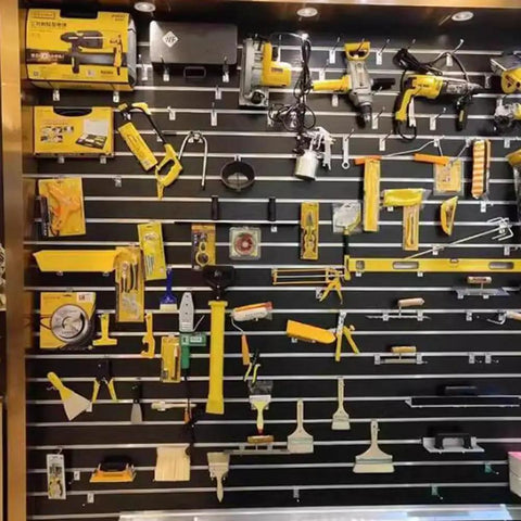 Natural Wood Slat Wall Panels With Pegboard Display Stand And All In One Multifunction Hook Rack For Garage Or Workshop Storage, Durable Slatwall Organizer System For Easy Wall Mount Display, Quick Assembly showcasing tools and accessories.