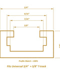 Diagram showing dimensions of Six Pack Aluminum T Track Intersection Kit For 3/4 Inch By 3/8 Inch Universal Double Cut T Track.