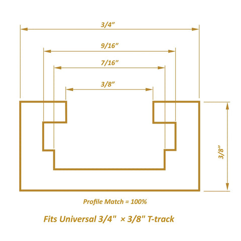 Diagram showing dimensions of Six Pack Aluminum T Track Intersection Kit For 3/4 Inch By 3/8 Inch Universal Double Cut T Track.