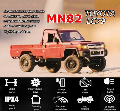 RC Beast Rock Crawler Truck 4x4 Toyota LC79 in red, shown with 2.4GHz remote and features. Off-road pickup, one twelfth scale.
