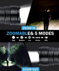 Rechargeable LED Flashlight With Up To 90 000 Lumens Be A Beast Bright XHP70 2 Tactical Light Zoomable Waterproof Five Modes