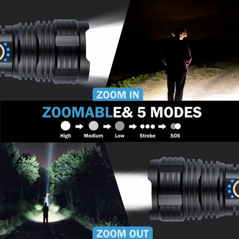 Rechargeable LED Flashlight With Up To 90 000 Lumens Be A Beast Bright XHP70 2 Tactical Light Zoomable Waterproof Five Modes