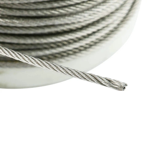 Close-up of Stainless Aircraft-Grade Wire Rope Cable One Eighth Inch 7x7 For Railing And Decking DIY Balustrade Flexible Weatherproof 330 Ft Roll