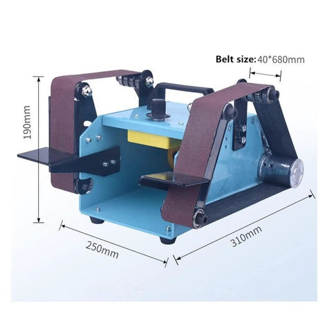 Heavy Duty 950W Dual Belt Sander And Electric Grinder For Metal Wood Polishing Multifunctional Abrasive Machine With Pure Copper Motor, showing detailed dimensions and belt size.