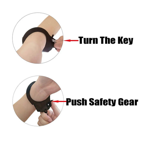 Metal Toy Handcuffs With Keys Adjustable Black Handcuffs demonstration with key turn and safety gear push for pretend play.