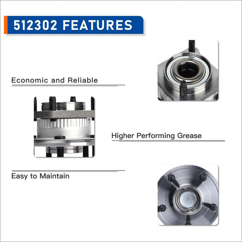 Close-up views of Beefy Two Piece Rear Wheel Hub And Bearing Assembly 512302 for Jeep Commander 2006-2010 and Grand Cherokee 2005-2010, highlighting features.
