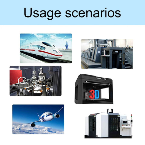 Usage scenarios for SCS6UU Linear Ball Bearing Aluminum Slide Block in trains, printing press, CNC, and 3D printing.