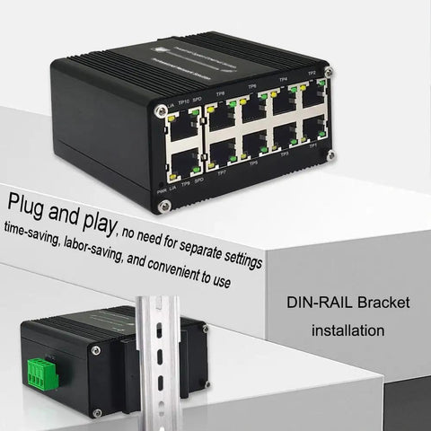 10 Port Gigabit Ethernet Switch Industrial Grade Unmanaged Network Hub With Din Rail Or Wall Mount Rugged Metal Case