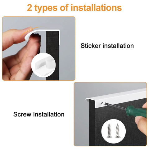 Two types of installations for Eight Pack Finger Edge Self Stick Cabinet Drawer Pulls 80mm White Concealed Handles with screws and adhesive.