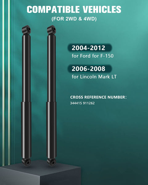 Rear Shock Absorbers For Ford F-150 2004 To 2012 And Lincoln Mark LT 2006 To 2008 Replacement Shocks Beefy Heavy Duty For A Smooth Ride Bolt On No Springs Or Mounts Included against green background showing compatibility details for 2WD & 4WD.
