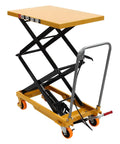 Heavy Duty Hydraulic Scissor Lift Table With Silent Electric Drive Built Like A Tank For Garage Crews Delivering 330 Lbs Of Easy Vertical Lift Up To 45 Inches High, with yellow top and black frame.