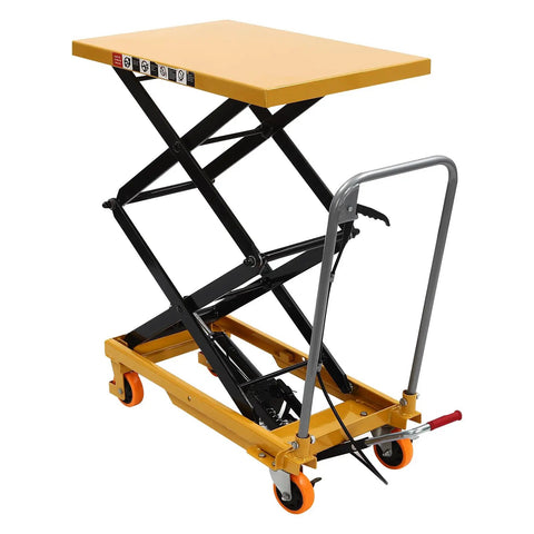 Heavy Duty Hydraulic Scissor Lift Table With Silent Electric Drive Built Like A Tank For Garage Crews Delivering 330 Lbs Of Easy Vertical Lift Up To 45 Inches High, with yellow top and black frame.