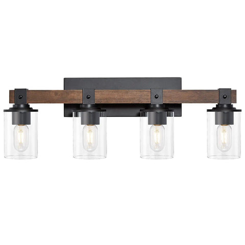 Farmhouse Rustic Vanity Light Over Mirror 4 Light Industrial Wall Sconce With Clear Glass Shades Vintage Wood Accents Black Finish