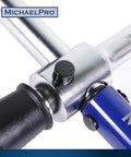 Close-up of 2-In-1 Lug Wrench And Torque Wrench, 1/2 Inch Drive with sleek metal cross design, black and blue handle.
