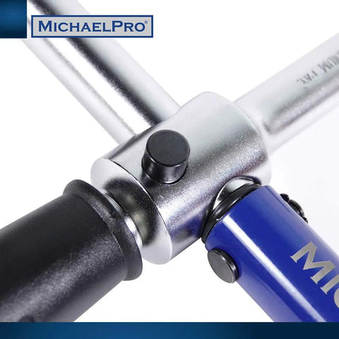 Close-up of 2-In-1 Lug Wrench And Torque Wrench, 1/2 Inch Drive with sleek metal cross design, black and blue handle.