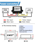 Diagram of Beefy 20 To 90V DC To 12V Buck Converter with dimensions and wiring details, 5A 60W Output for cars and electronics.
