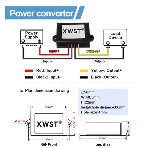 Diagram of Beefy 20 To 90V DC To 12V Buck Converter with dimensions and wiring details, 5A 60W Output for cars and electronics.