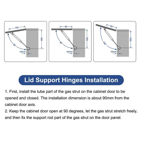 Diagram showing installation steps for Two Pack Lid Support Hinges 6 Inch 50N Gas Struts Soft Close Folding Lid Stay