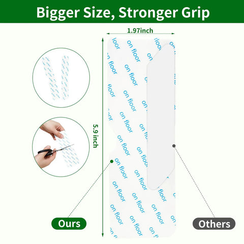 Diagram showing size comparison and grip strength of No Slip Rug Gripper Discs 12 Pack Double Sided Reusable Rug Tape.