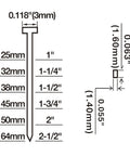 Diagram showing nail dimensions related to Second Gen Pneumatic 16 Gauge Two And A Half Inch Straight Finish Nailer including lengths in inches and mm