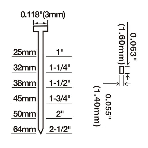 Diagram showing nail dimensions related to Second Gen Pneumatic 16 Gauge Two And A Half Inch Straight Finish Nailer including lengths in inches and mm