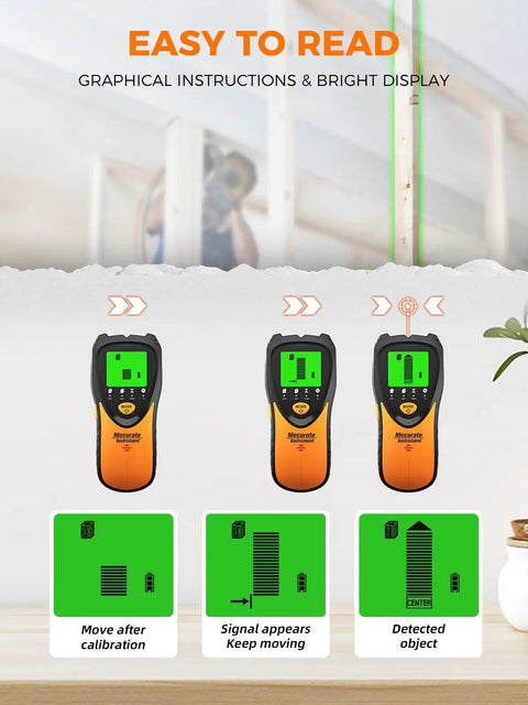 Five In One Stud Finder Wall Scanner with LCD Display and Audio Alarm instructions shown for detecting objects in walls.