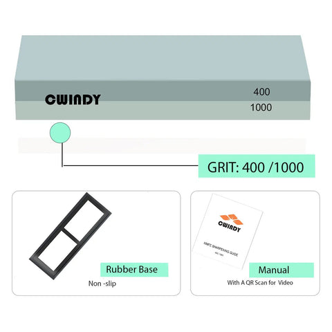 Dual Sided Whetstone Sharpening Kit 400 1000 Grit with nonslip rubber base and manual with QR code.