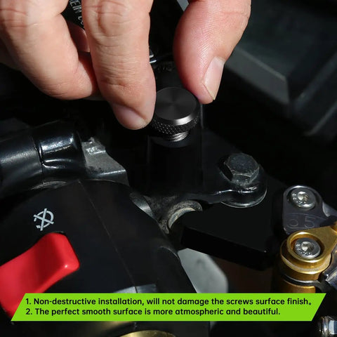 Person installing 3 Pack Universal Motorcycle Mirror Hole Plugs M10 Thread Tough As Nails Aluminum Handlebar End Caps For Custom Biker Rides And Dope Custom Looks In Matte Black.
