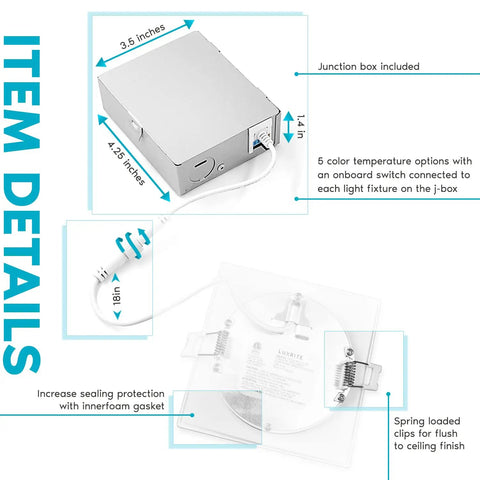 Diagram of 4 Inch Ultra Thin Square LED Recessed Light With J Box Dimmable 12W Five Color Temperature Options From 2700K To 5000K