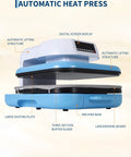 Professional Electric Heat Press Machine Blue White Large Capacity For T Shirts Hoodies, showing large heating plate and digital controls.