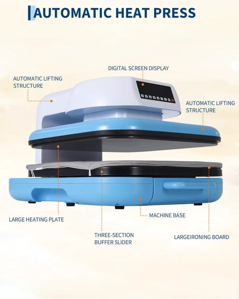 Professional Electric Heat Press Machine Blue White Large Capacity For T Shirts Hoodies, showing large heating plate and digital controls.