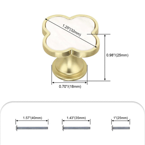 Six Pack White Dresser Knobs Set Featuring Pearl Clover Design With Gold Finish for Cabinets and Drawers shown with measurements